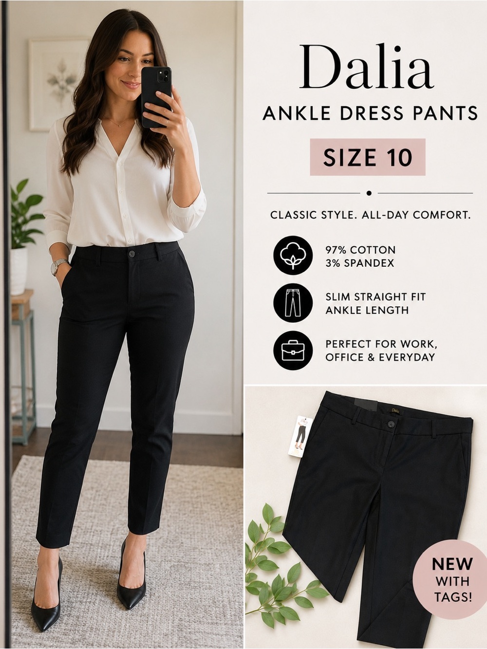 NWT Dalia Black Ankle Dress Pants Size 10 Stretch Cotton Career Office Work Pant